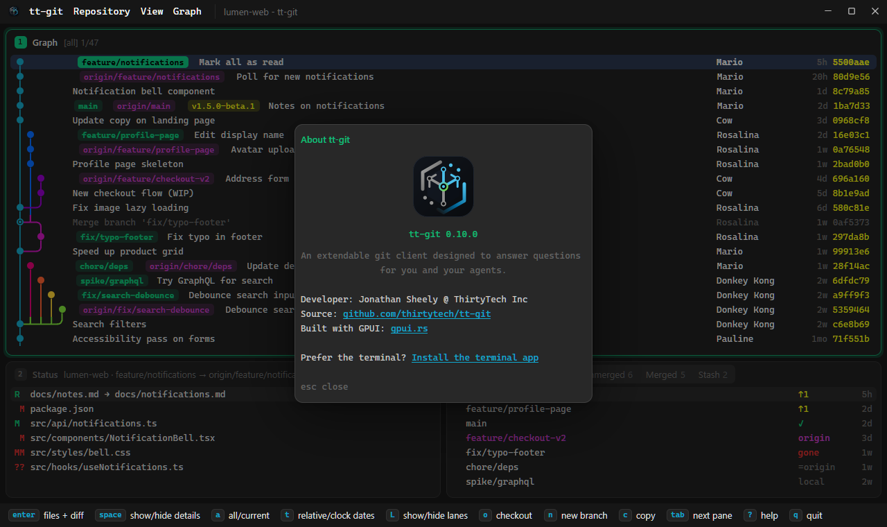 The About tt-git dialog over the graph on Windows: the tt-git icon, the version, the tagline, the developer, links to github.com/thirtytech/tt-git and gpui.rs, and a link to install the terminal app