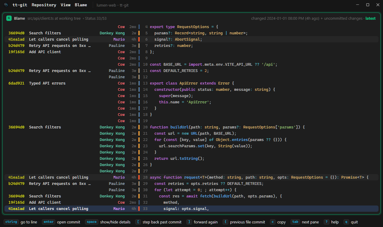 Blame of src/api/client.ts in the desktop app: each line's commit, author and age beside the code