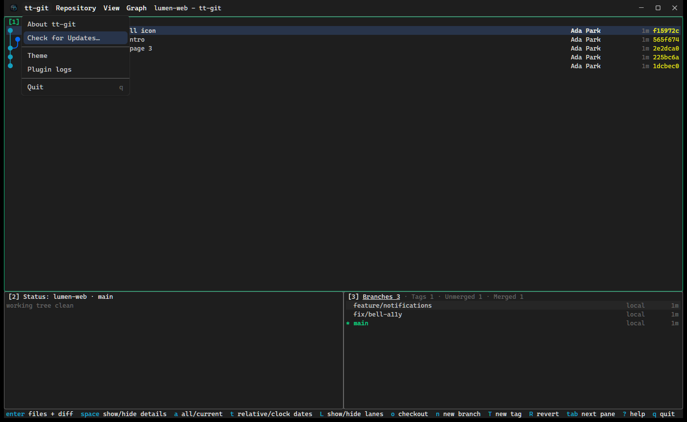 The tt-git menu open from the title bar on Windows: About tt-git, Check for Updates… (highlighted), Theme, Plugin logs and Quit