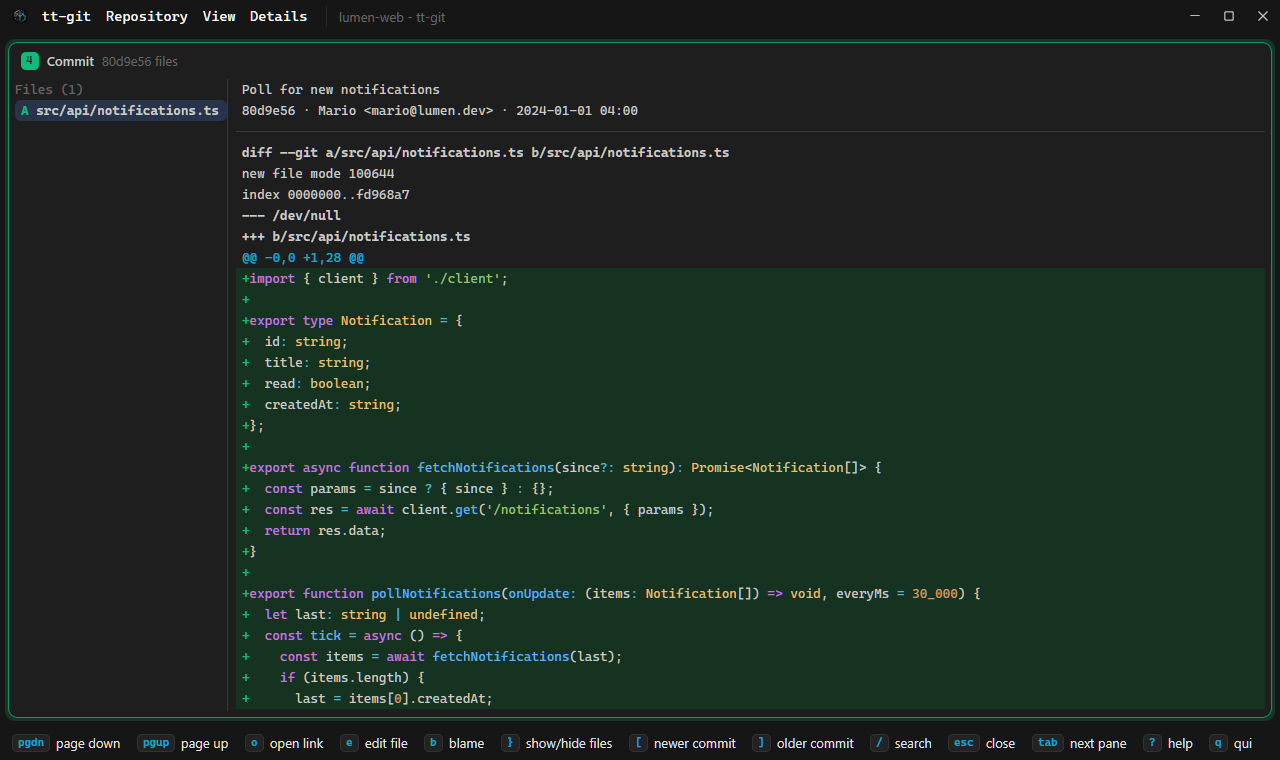 A commit open full size in the desktop app: its changed file on the left and the diff with syntax colors on the right