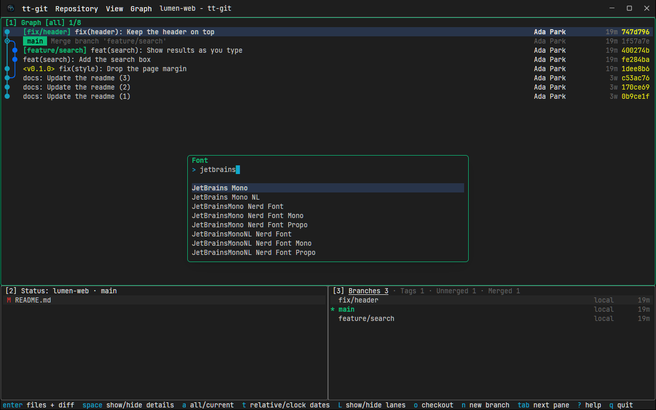 The Font picker on Windows with jetbrains typed and JetBrains Mono highlighted; the graph, status and branches panes behind it are drawn in JetBrains Mono