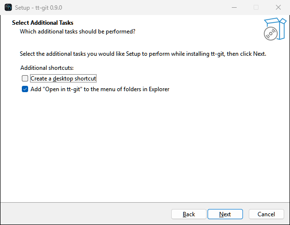 The installer's Select Additional Tasks page on Windows: Create a desktop shortcut, unticked, and Add "Open in tt-git" to the menu of folders in Explorer, ticked