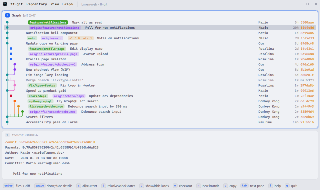 The desktop app in the Catppuccin Latte light theme, with a commit's details open below the graph
