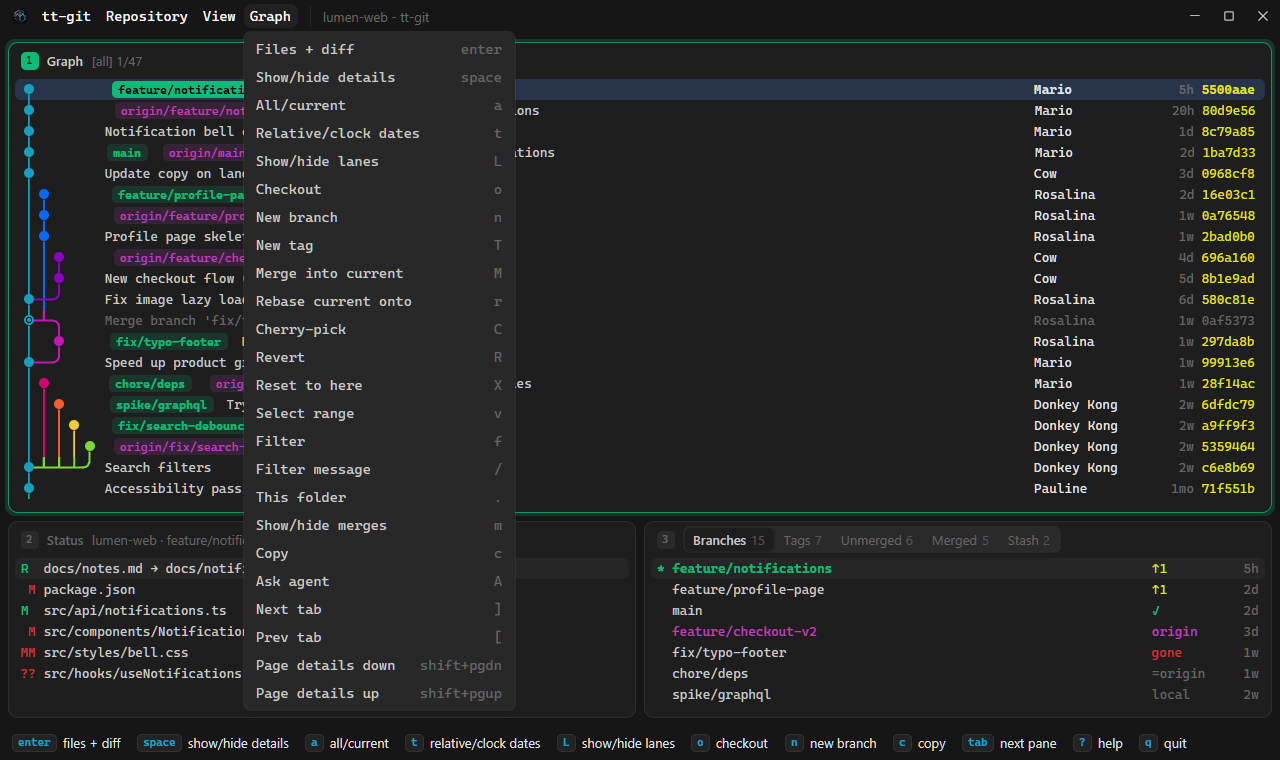 The Graph menu open from the desktop app's title bar on Windows: Files + diff, Show/hide details, Checkout, New branch, Merge into current and the rest, each with its key on the right