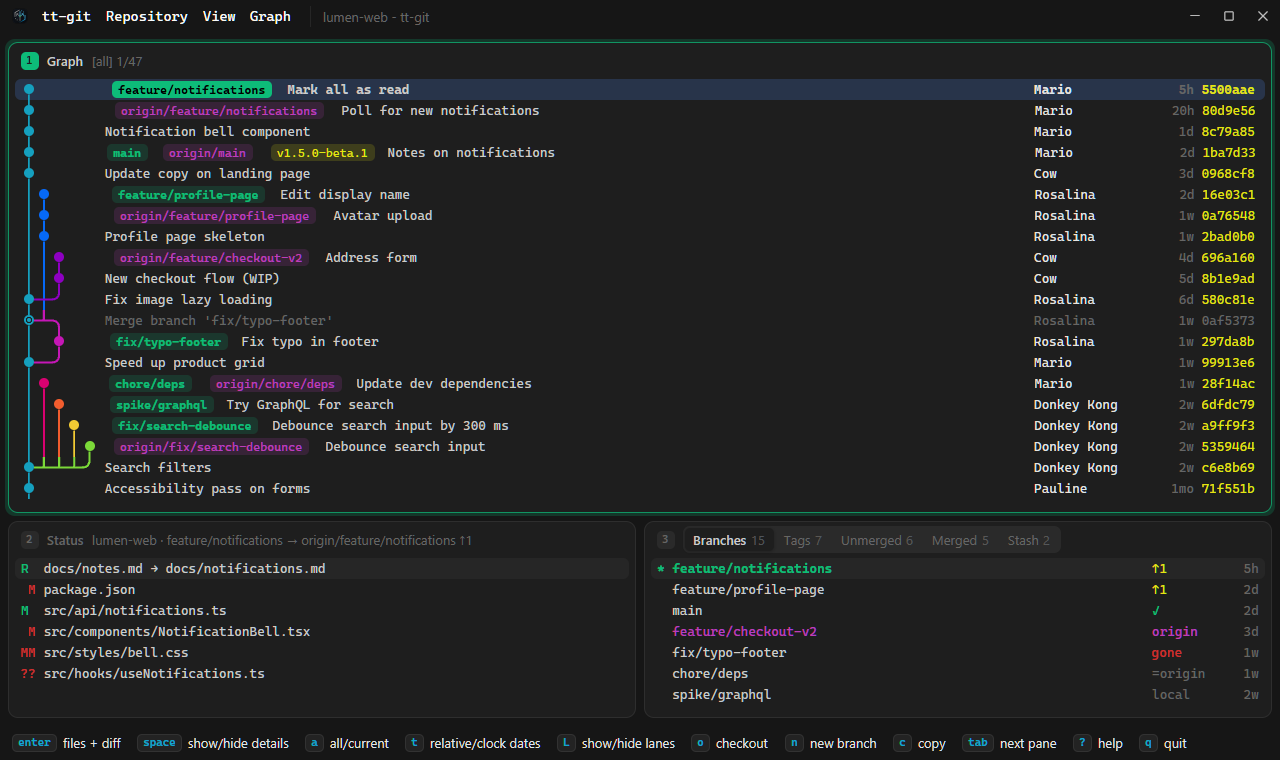 The desktop app in the native style: the graph, status and branches panes as rounded cards with gaps between them, the focused graph card outlined in the focus color, and a status bar of key chips along the bottom