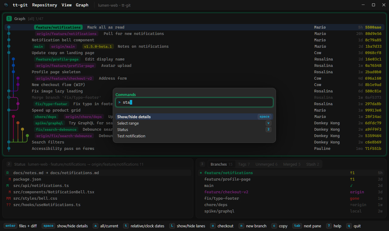 The command palette over the graph in the desktop app, filtered by sta
