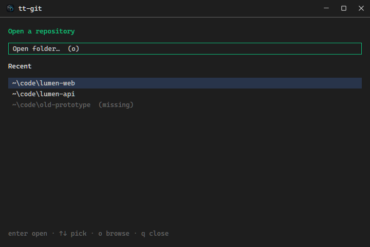 The start window: Open folder… at the top, then the recent repositories, the last one greyed out and marked (missing)