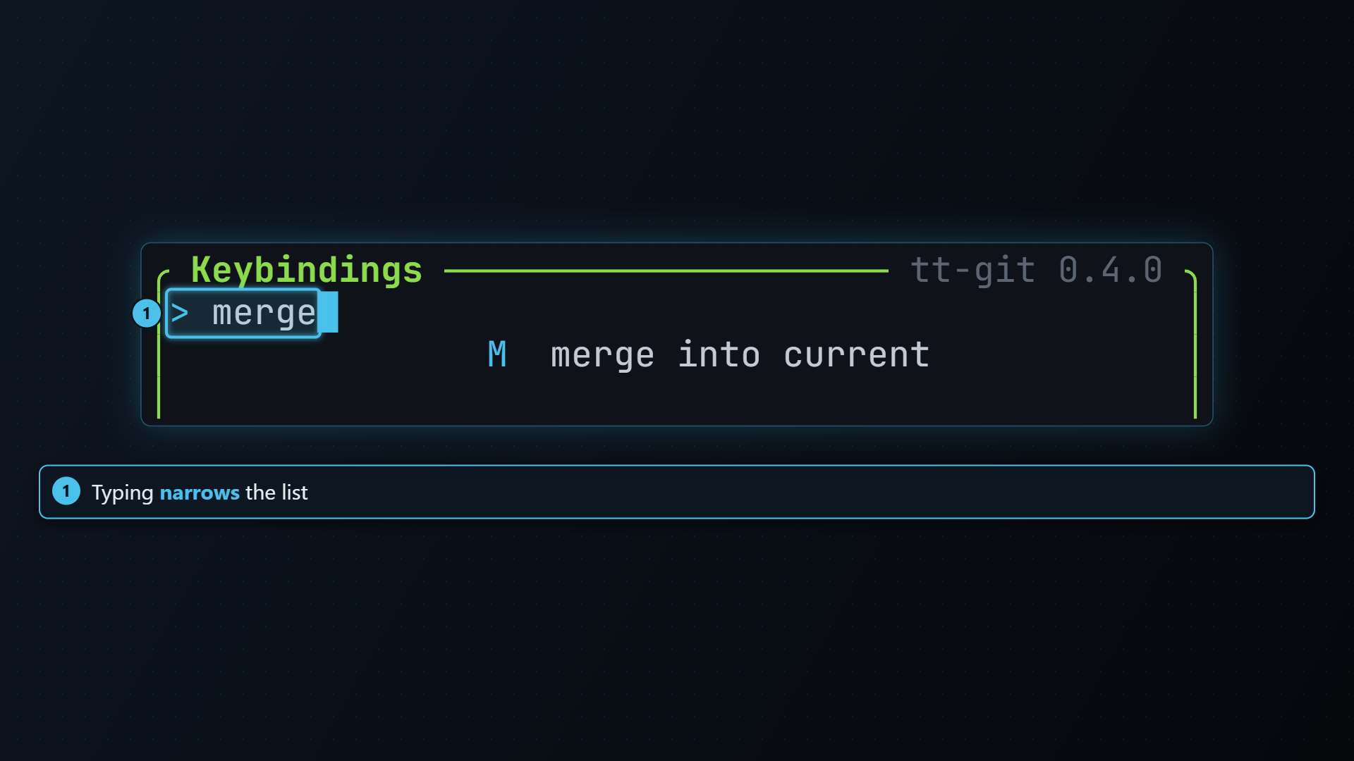 The Keybindings popup narrowed by typing merge