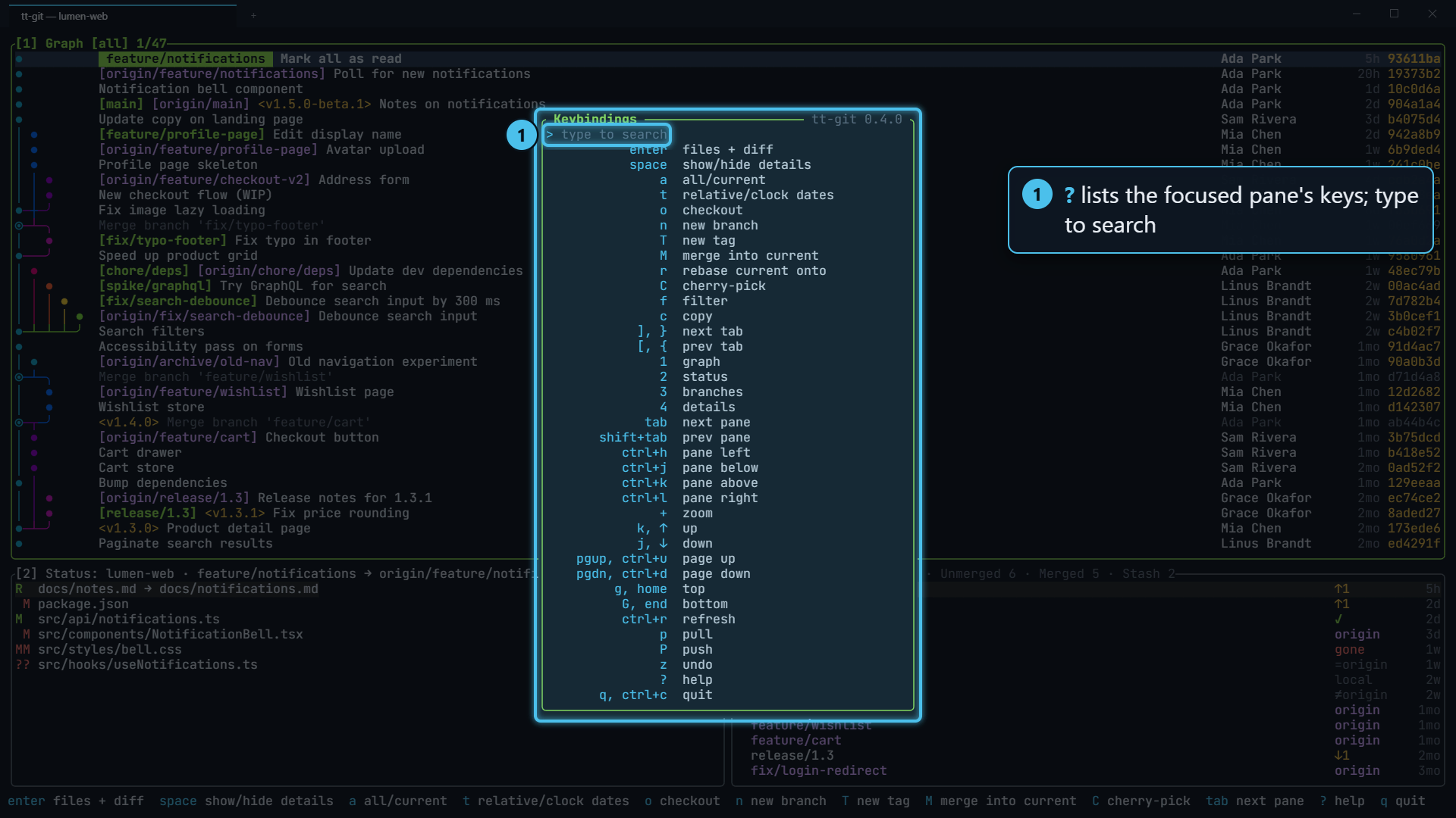 The Keybindings popup listing the graph pane keys
