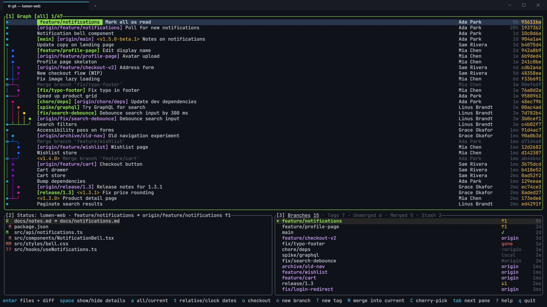 tt-git on a web project: the commit graph on top, the status pane and the branch list below