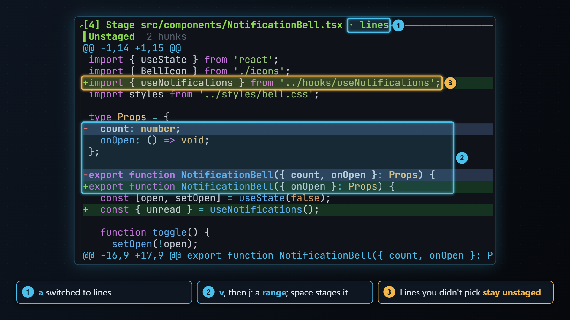 The staging view in line mode with a range of lines selected
