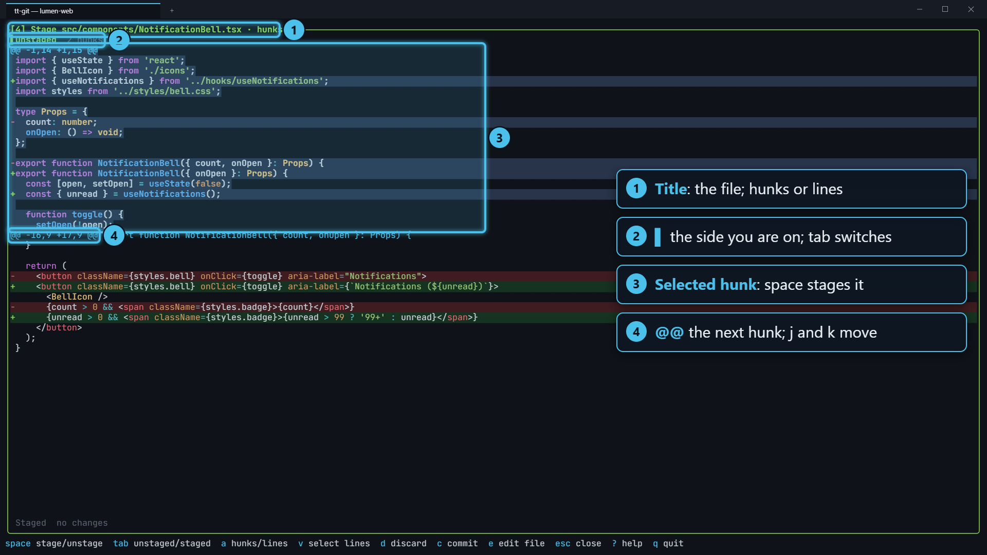 The staging view for a file, with the first hunk selected