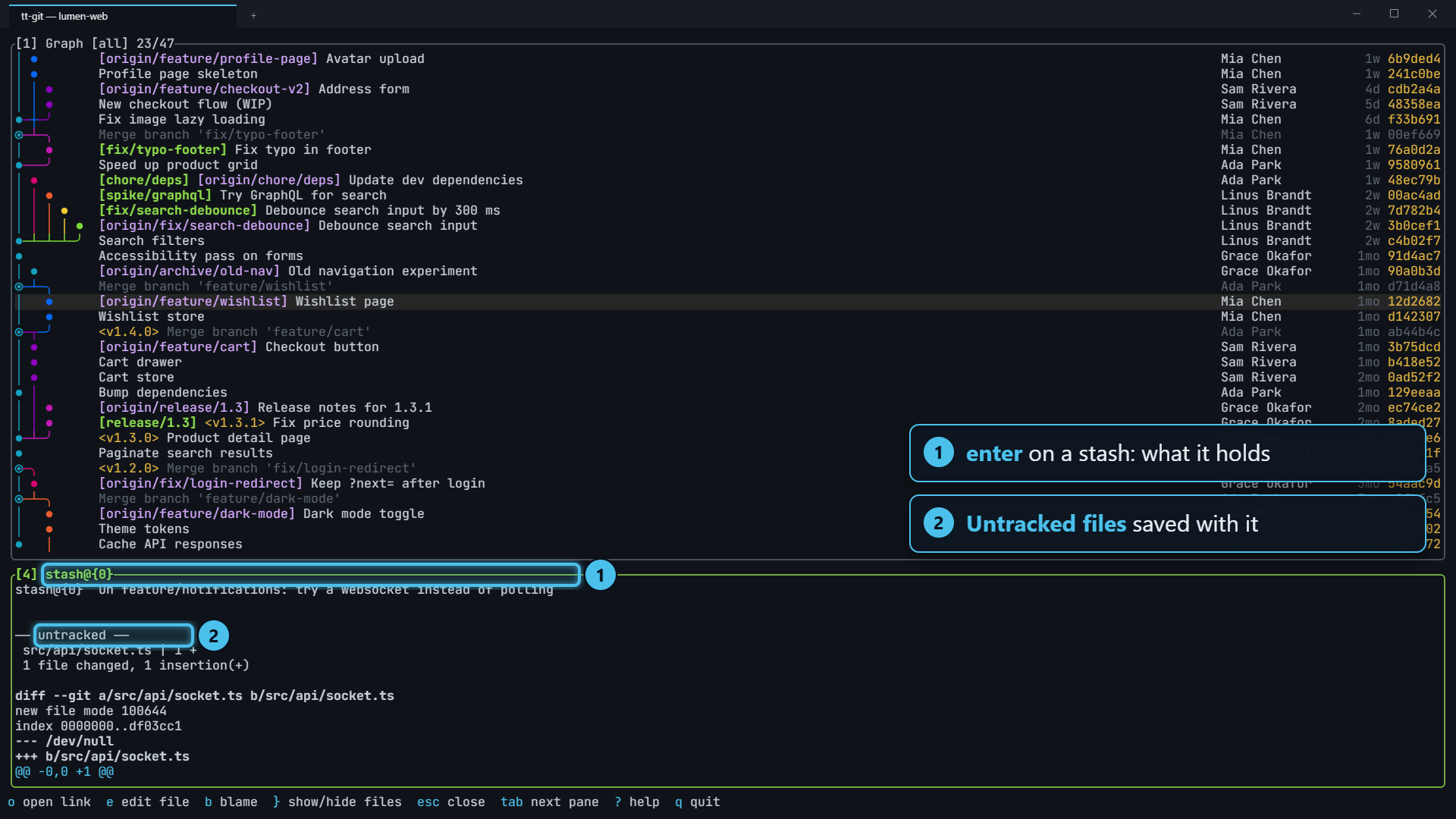 A stash opened fullscreen in details, including its untracked files
