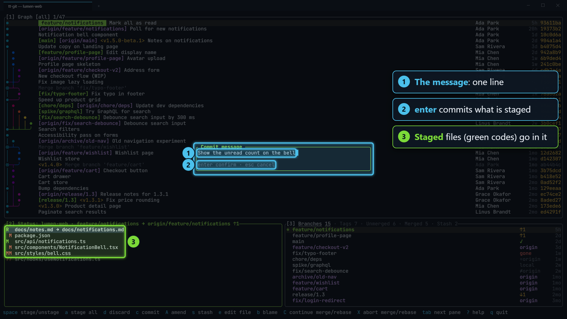 The Commit message dialog over the screen with a message typed