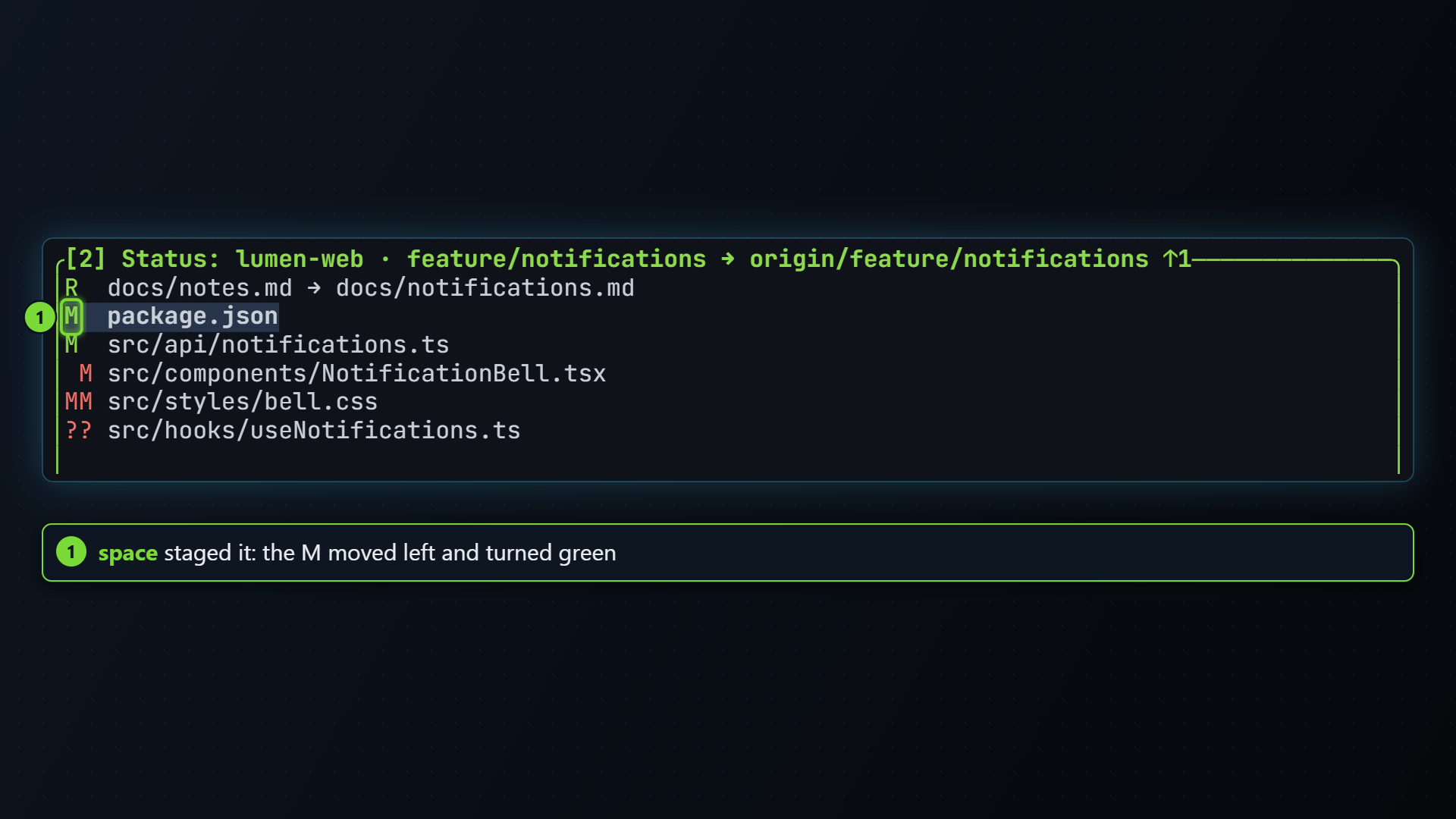 The status pane after staging package.json, its code now green on the left