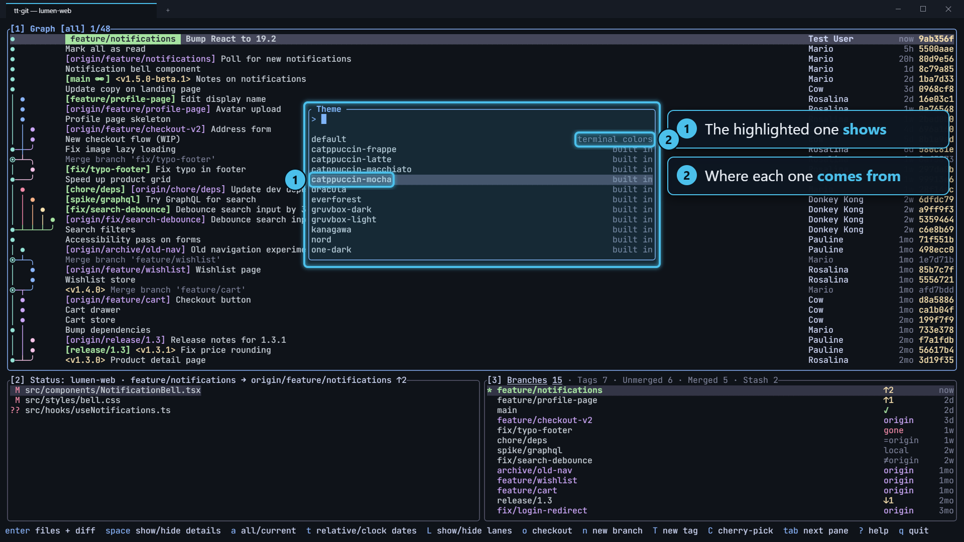 The theme picker open, with Catppuccin Mocha highlighted and shown behind it